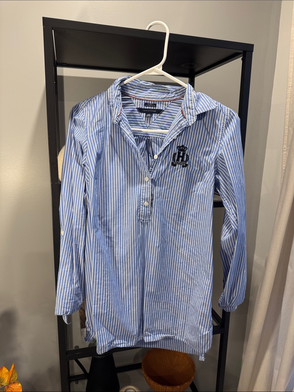 192.Blue Striped Long-Sleeve Shirt with Embroidered Crest - Unbranded